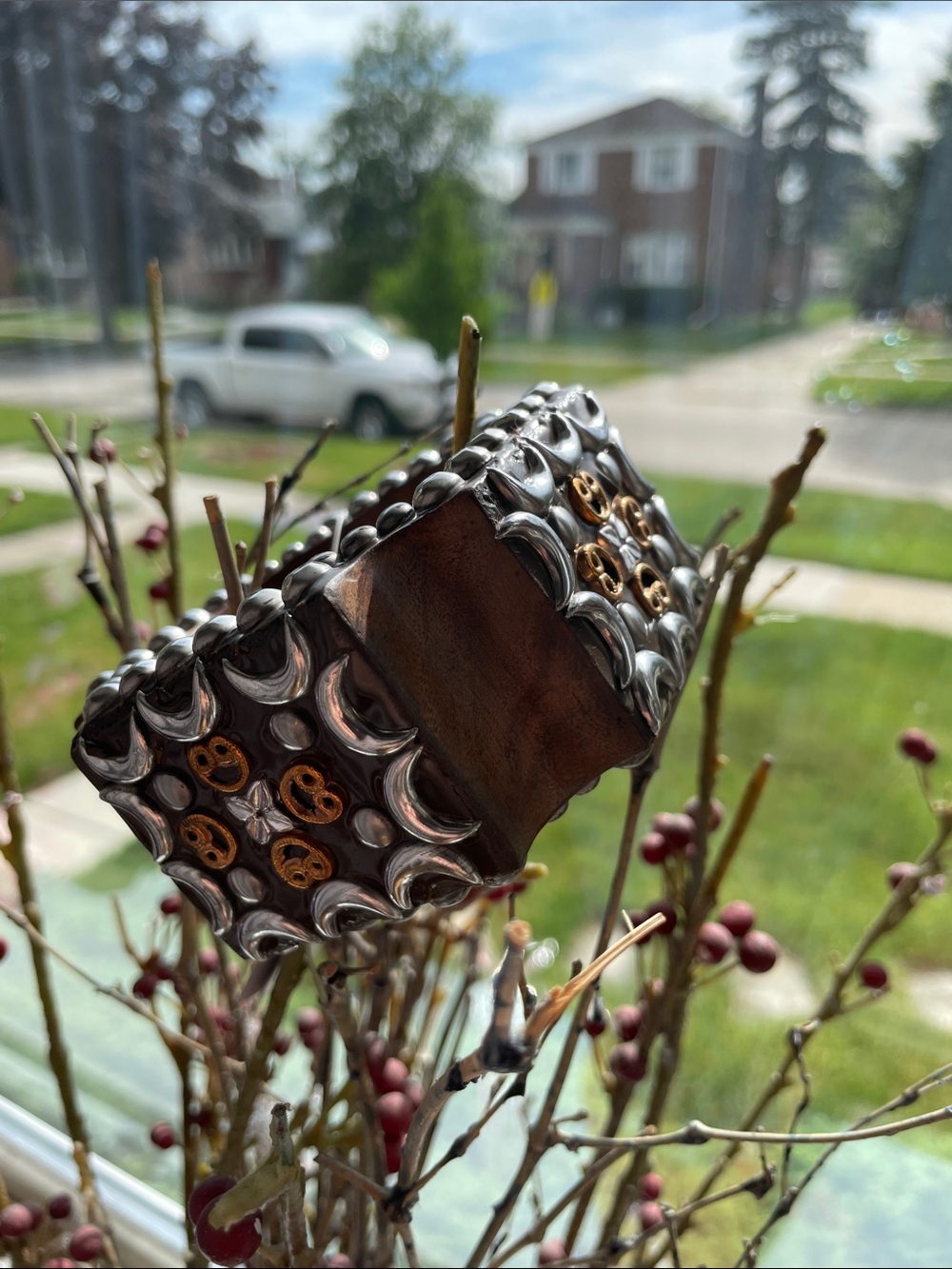 Chunky Handcrafted Brown Wood and Silver-Tone Accent Bracelet